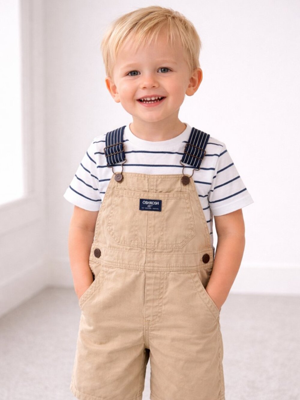 OshKosh B’gosh Toddler Boy Shortalls 4T NWT Khaki Overalls Striped Straps Summer